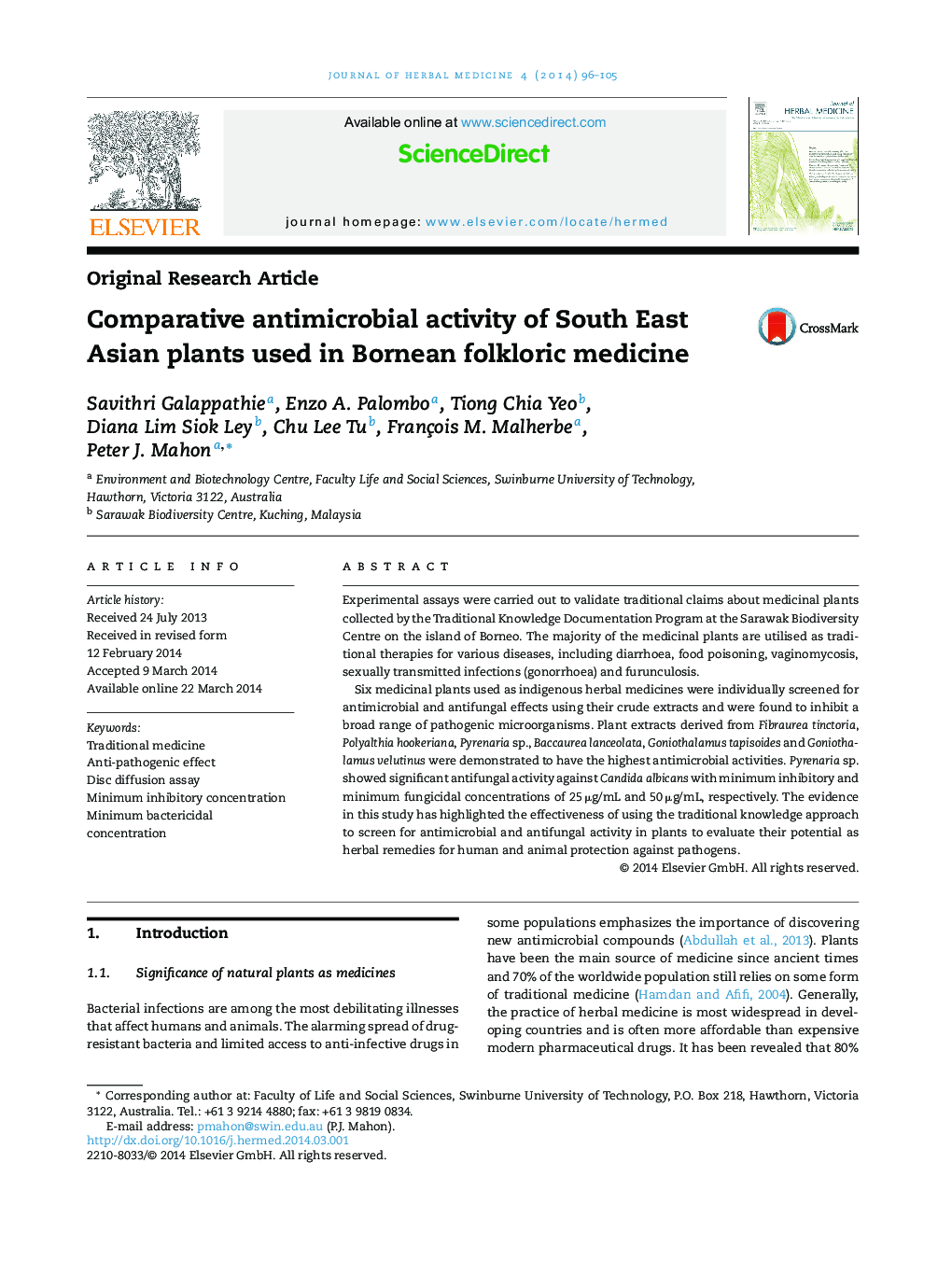 Comparative antimicrobial activity of South East Asian plants used in Bornean folkloric medicine
