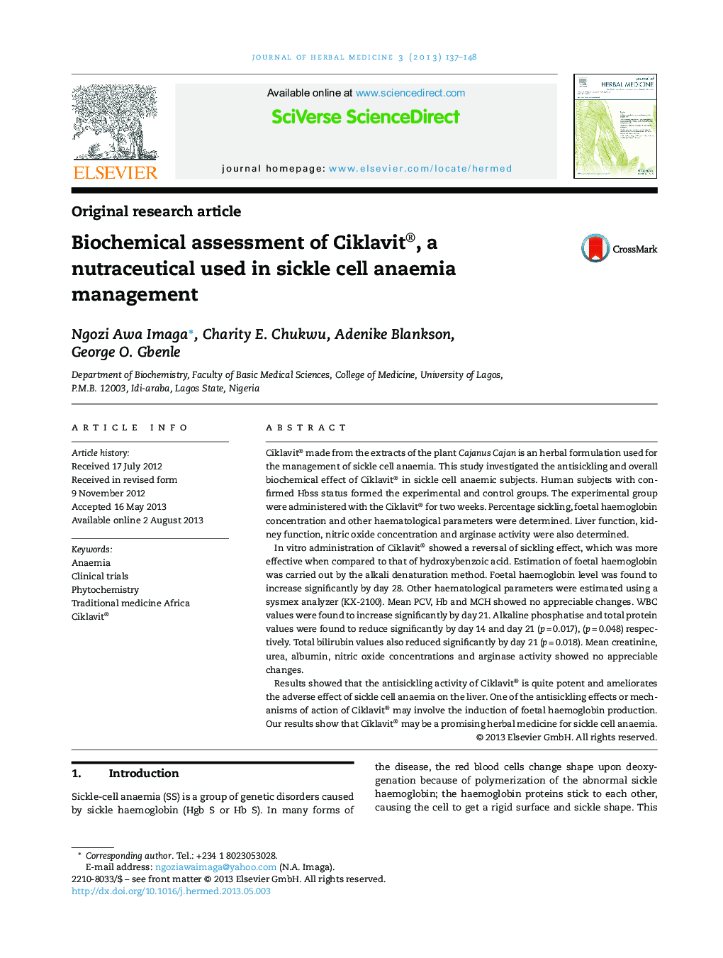 Biochemical assessment of Ciklavit®, a nutraceutical used in sickle cell anaemia management