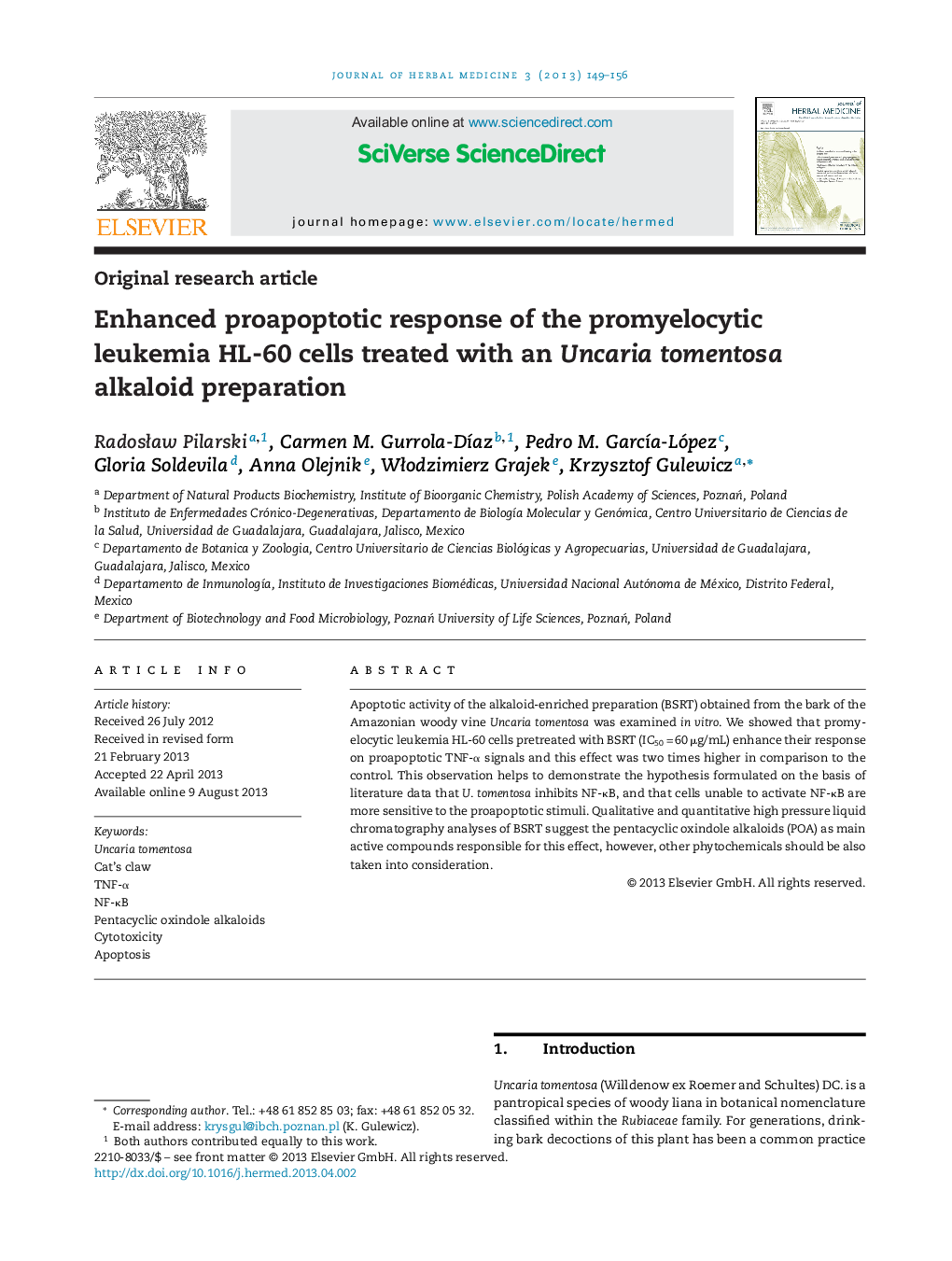 Enhanced proapoptotic response of the promyelocytic leukemia HL-60 cells treated with an Uncaria tomentosa alkaloid preparation