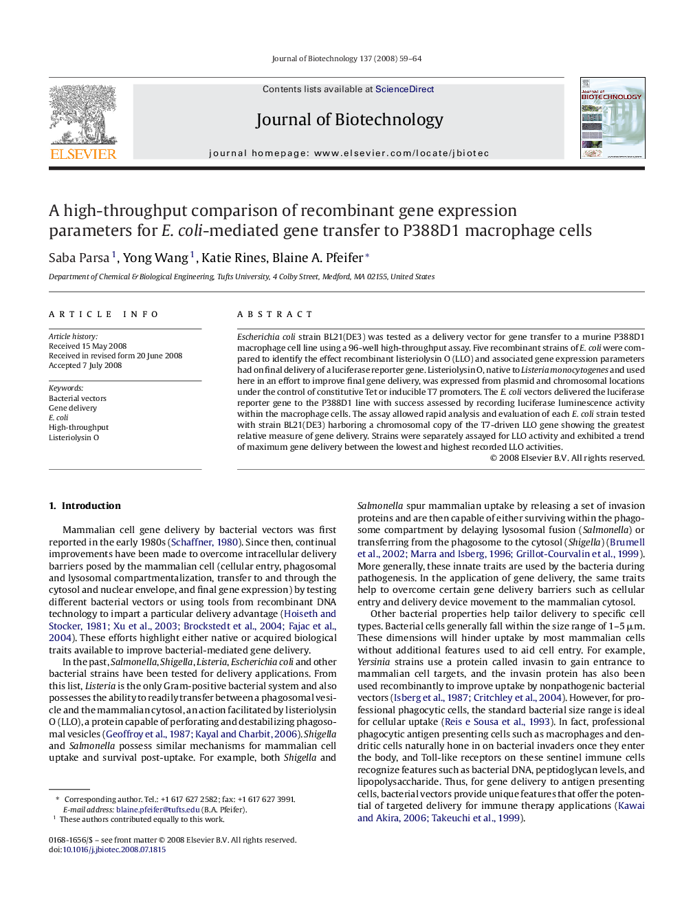 A high-throughput comparison of recombinant gene expression parameters for E. coli-mediated gene transfer to P388D1 macrophage cells