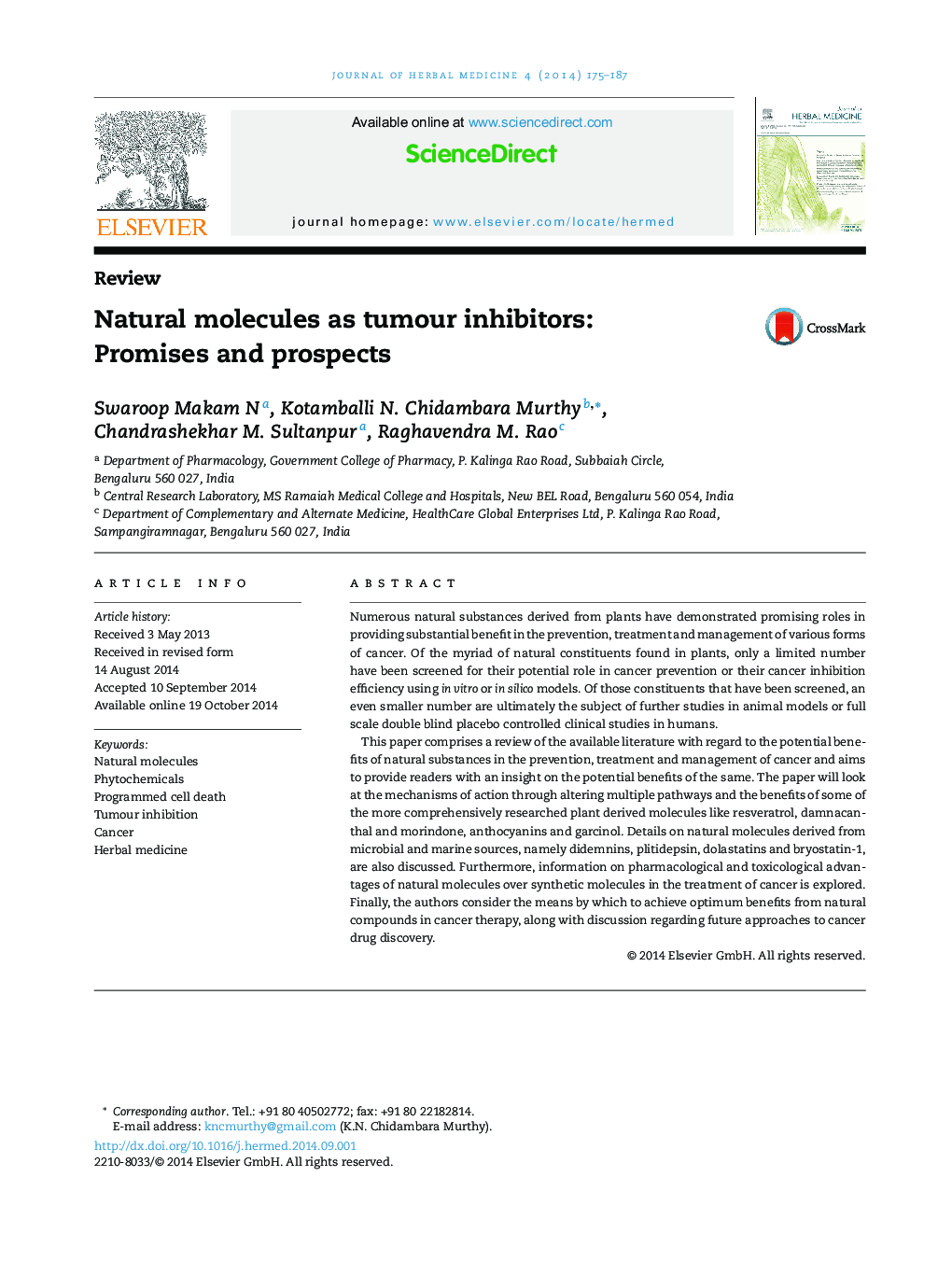 Natural molecules as tumour inhibitors: Promises and prospects