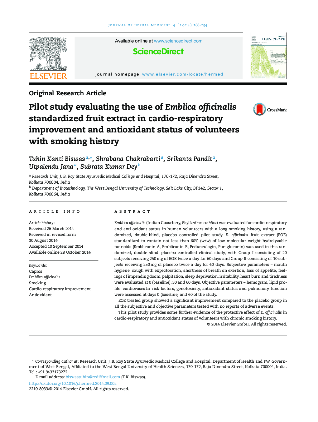 Pilot study evaluating the use of Emblica officinalis standardized fruit extract in cardio-respiratory improvement and antioxidant status of volunteers with smoking history