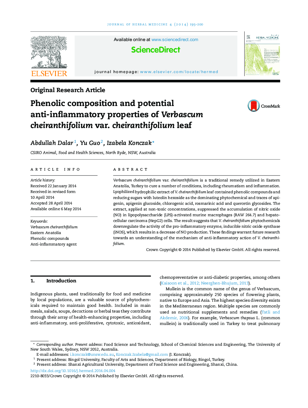 Phenolic composition and potential anti-inflammatory properties of Verbascum cheiranthifolium var. cheiranthifolium leaf