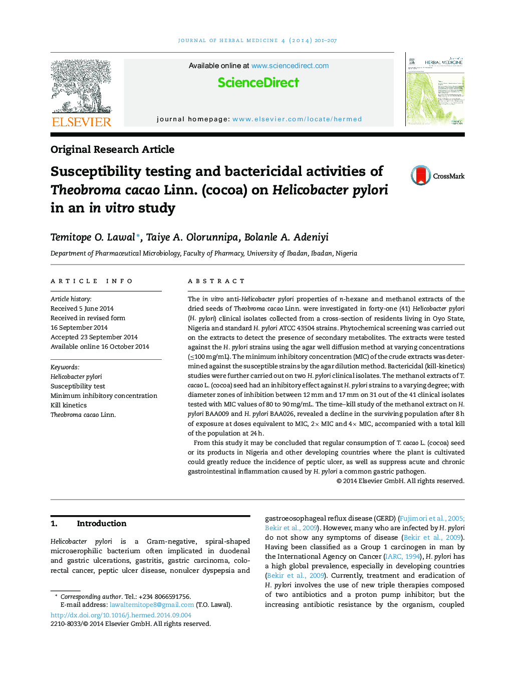 Susceptibility testing and bactericidal activities of Theobroma cacao Linn. (cocoa) on Helicobacter pylori in an in vitro study