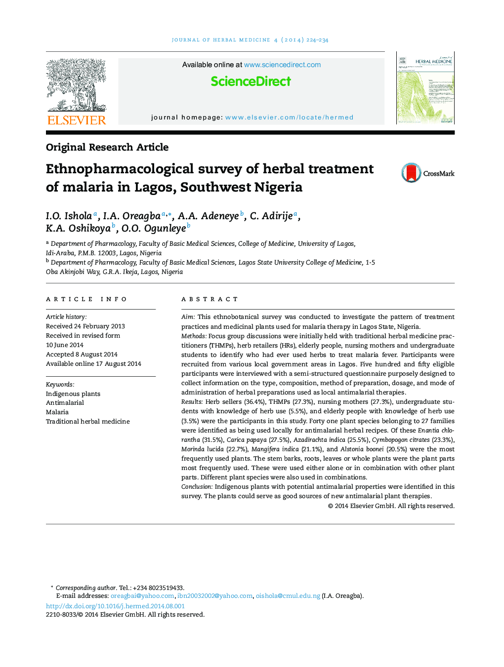 Ethnopharmacological survey of herbal treatment of malaria in Lagos, Southwest Nigeria