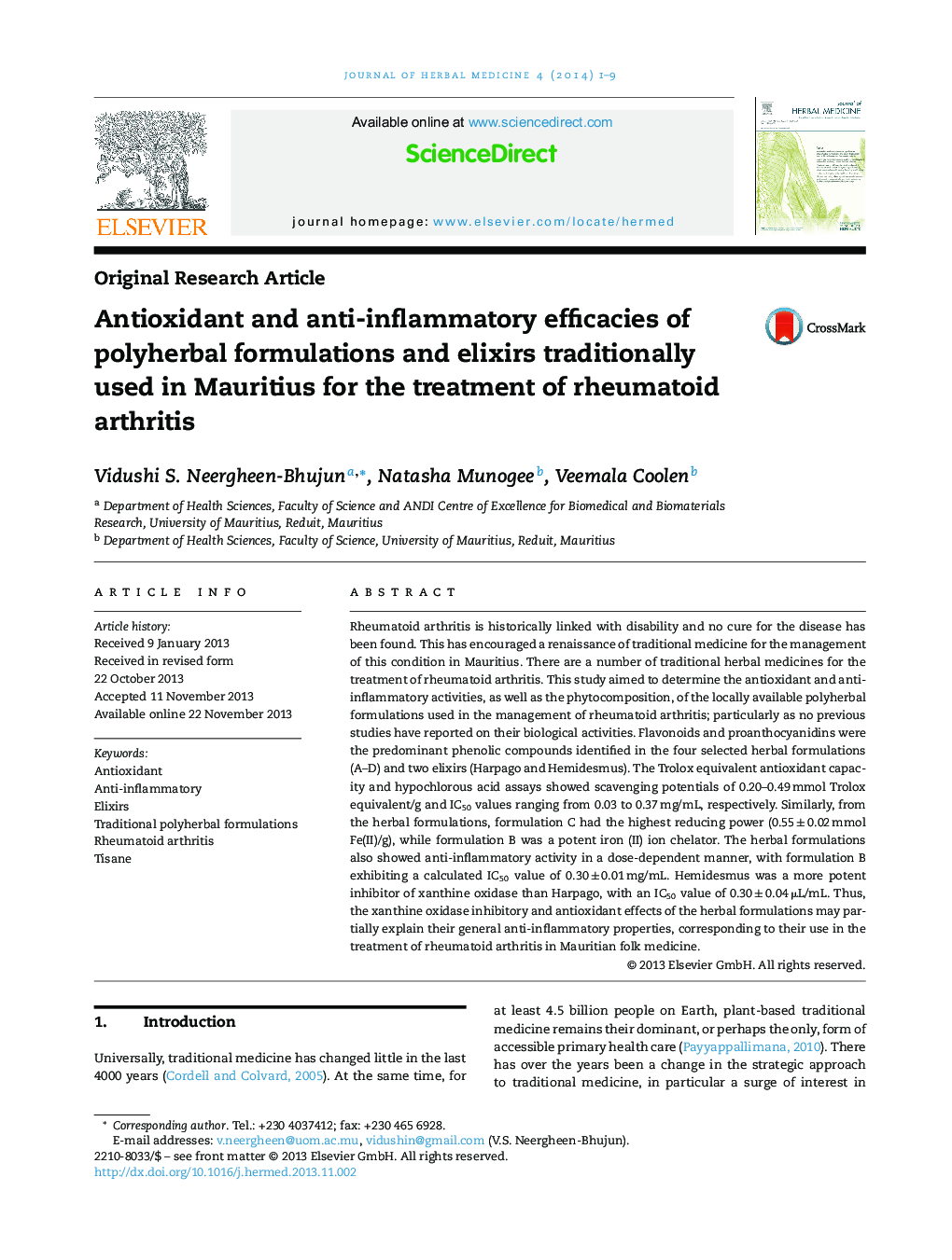 Antioxidant and anti-inflammatory efficacies of polyherbal formulations and elixirs traditionally used in Mauritius for the treatment of rheumatoid arthritis