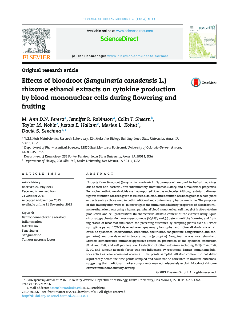 Effects of bloodroot (Sanguinaria canadensis L.) rhizome ethanol extracts on cytokine production by blood mononuclear cells during flowering and fruiting