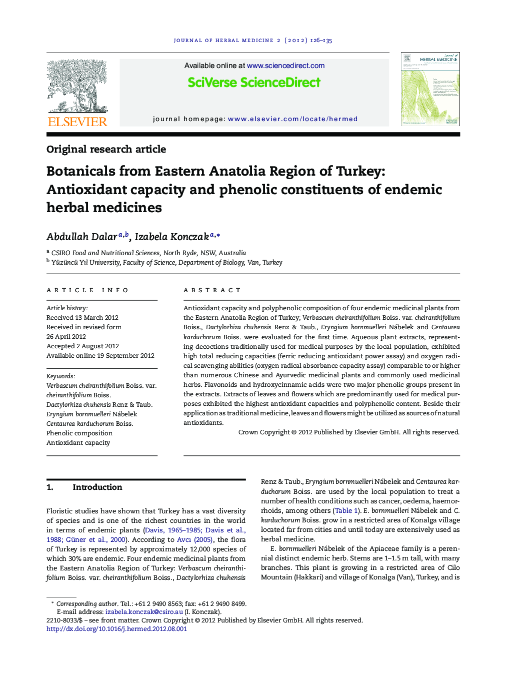 Botanicals from Eastern Anatolia Region of Turkey: Antioxidant capacity and phenolic constituents of endemic herbal medicines
