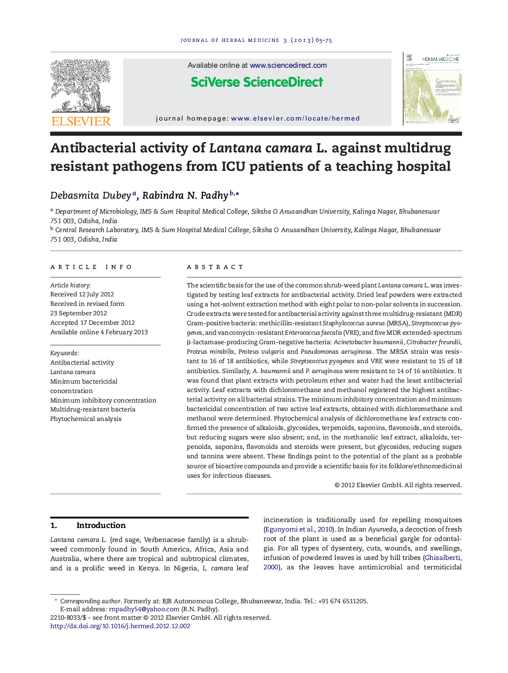 Antibacterial activity of Lantana camara L. against multidrug resistant pathogens from ICU patients of a teaching hospital