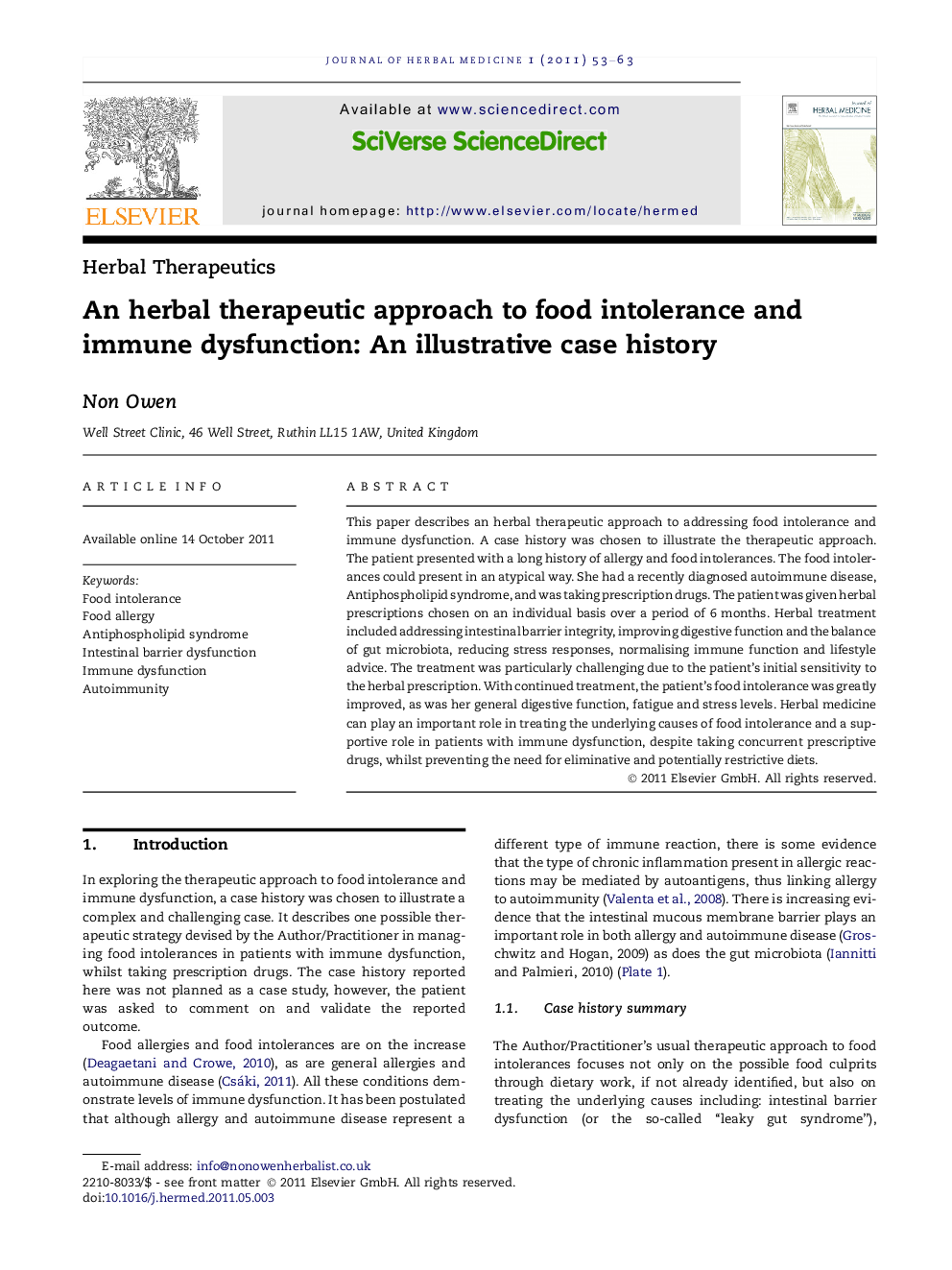 An herbal therapeutic approach to food intolerance and immune dysfunction: An illustrative case history