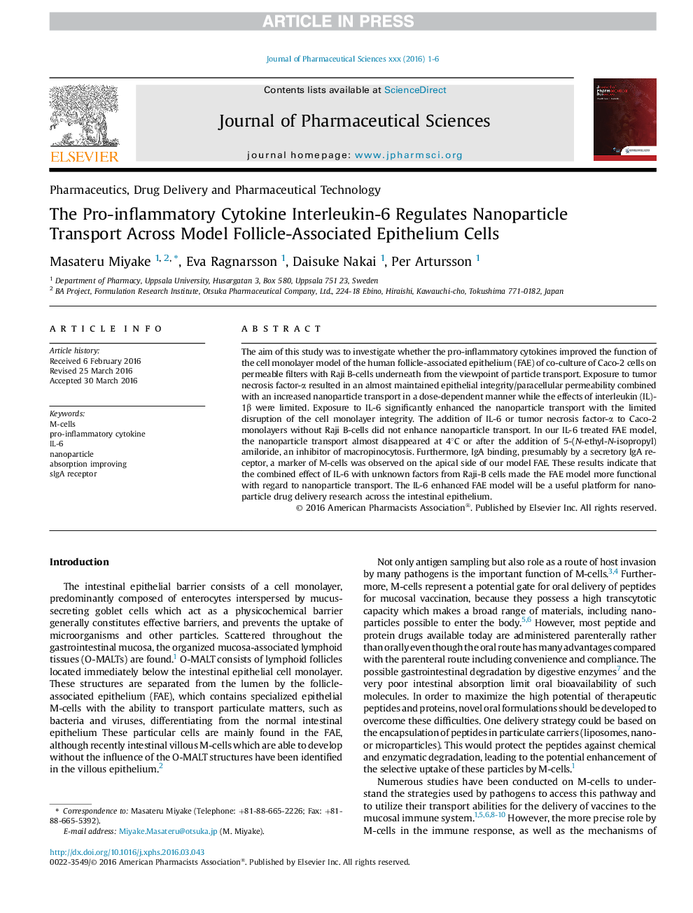 The Pro-inflammatory Cytokine Interleukin-6 Regulates Nanoparticle Transport Across Model Follicle-Associated Epithelium Cells