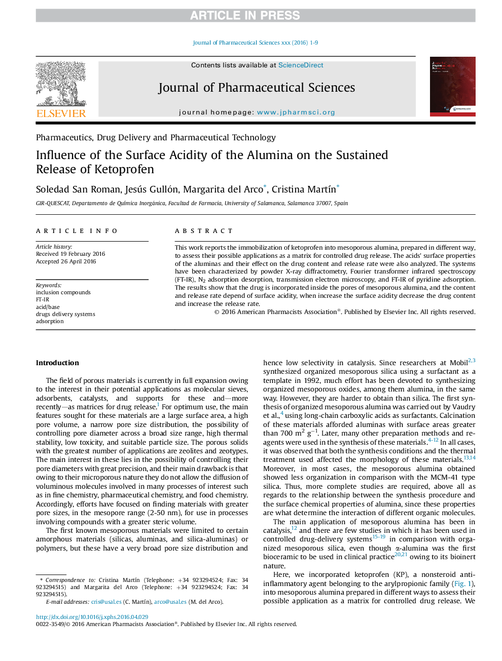 Influence of the Surface Acidity of the Alumina on the Sustained Release of Ketoprofen