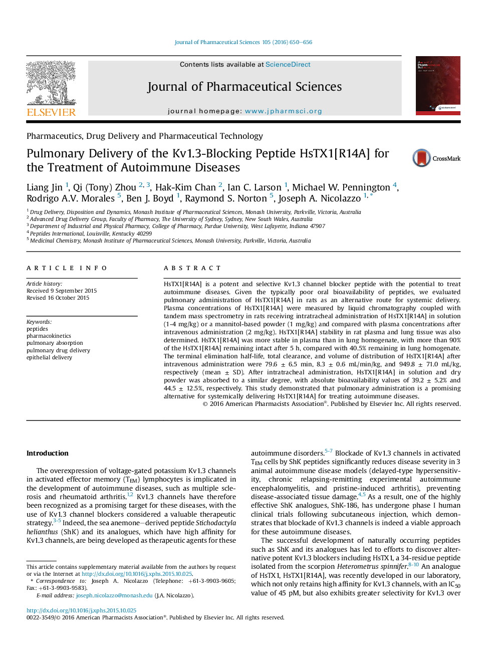 Pulmonary Delivery of the Kv1.3-Blocking Peptide HsTX1[R14A] for the Treatment of Autoimmune Diseases