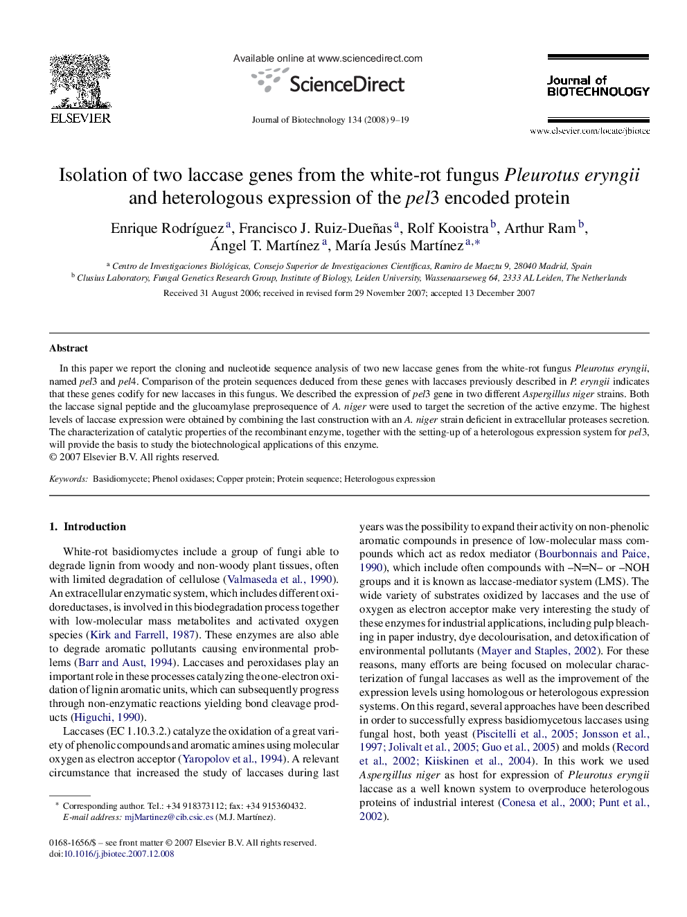 Isolation of two laccase genes from the white-rot fungus Pleurotus eryngii and heterologous expression of the pel3 encoded protein