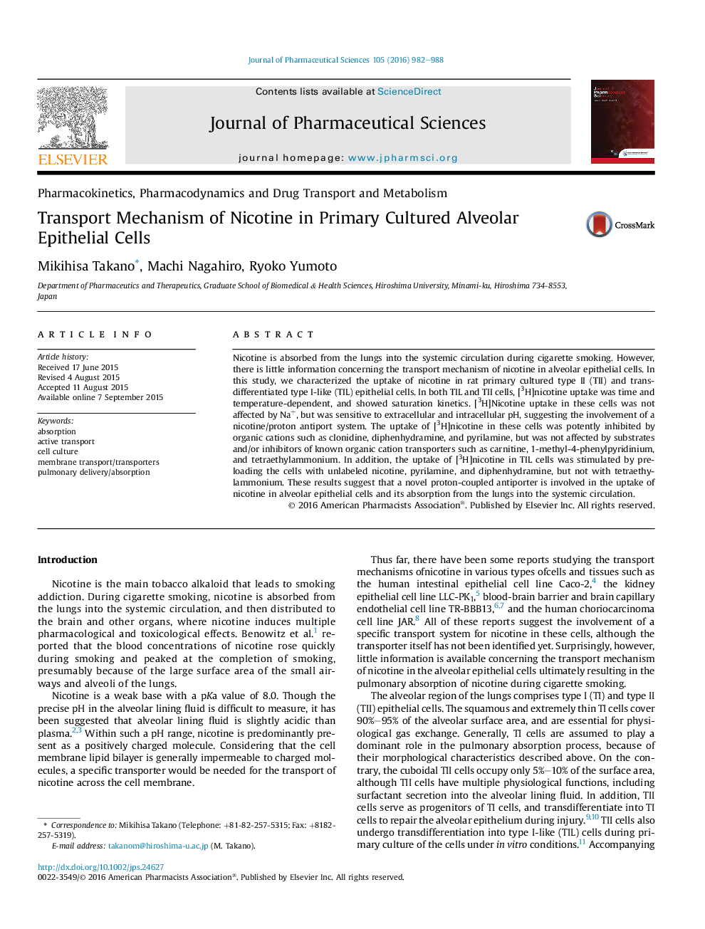 Transport Mechanism of Nicotine in Primary Cultured Alveolar Epithelial Cells