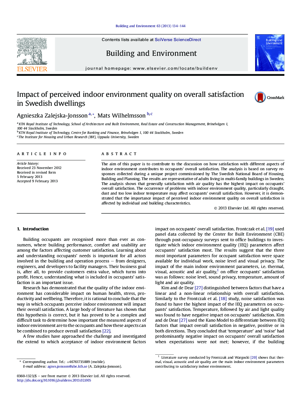 Impact of perceived indoor environment quality on overall satisfaction in Swedish dwellings