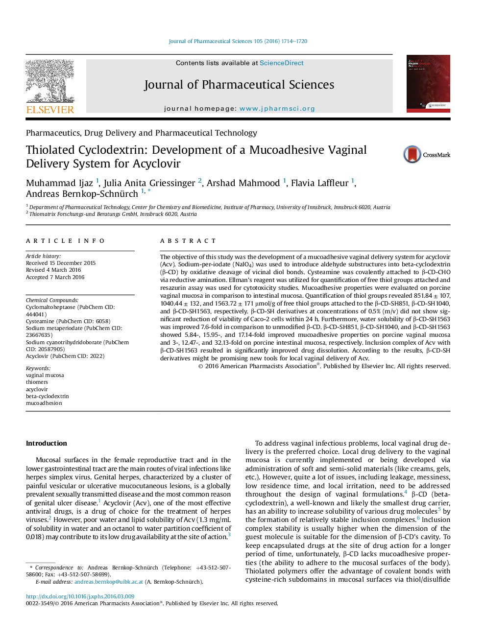 Thiolated Cyclodextrin: Development of a Mucoadhesive Vaginal Delivery System for Acyclovir