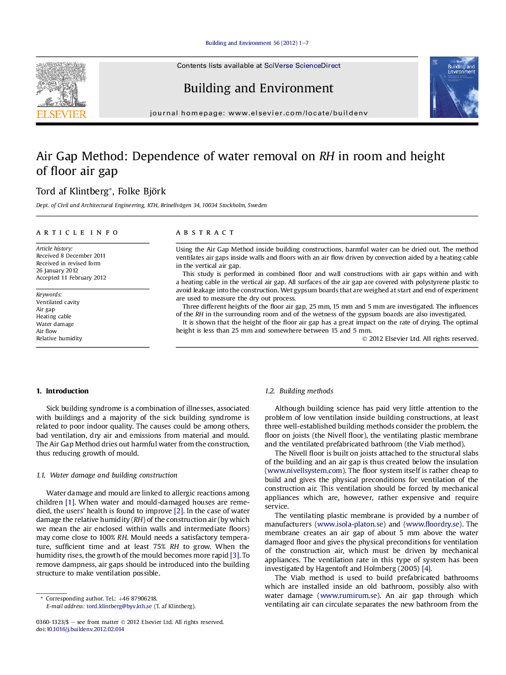 Air Gap Method: Dependence of water removal on RH in room and height of floor air gap