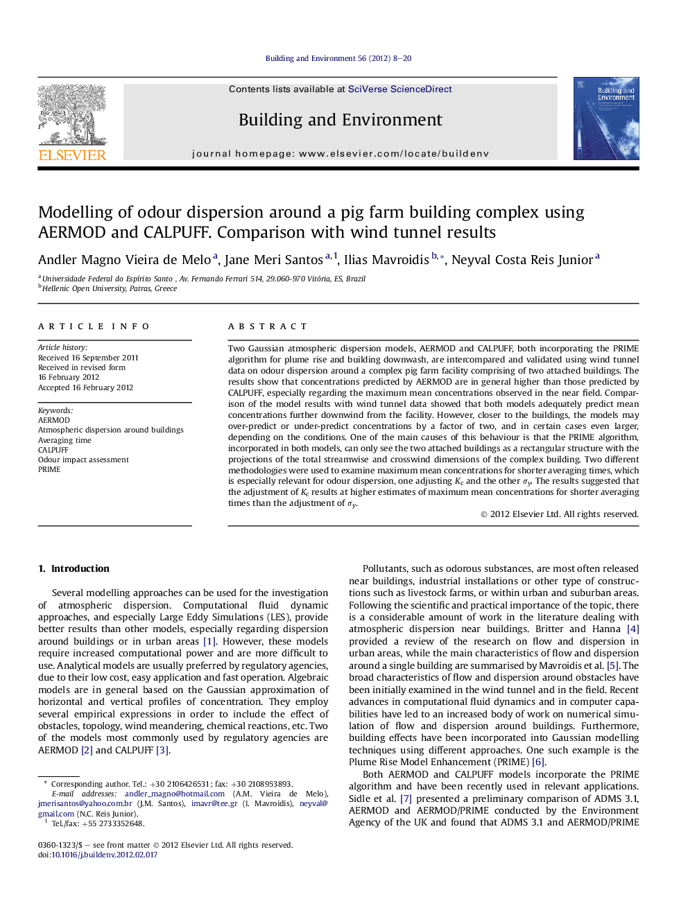 Modelling of odour dispersion around a pig farm building complex using AERMOD and CALPUFF. Comparison with wind tunnel results