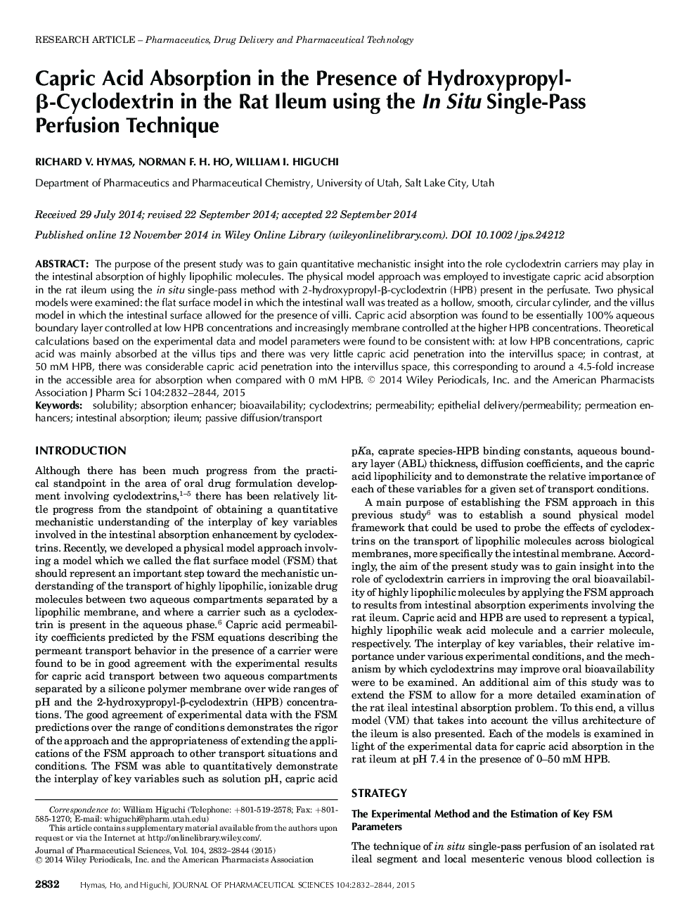 Capric Acid Absorption in the Presence of Hydroxypropyl-β-Cyclodextrin in the Rat Ileum using the In Situ Single-Pass Perfusion Technique