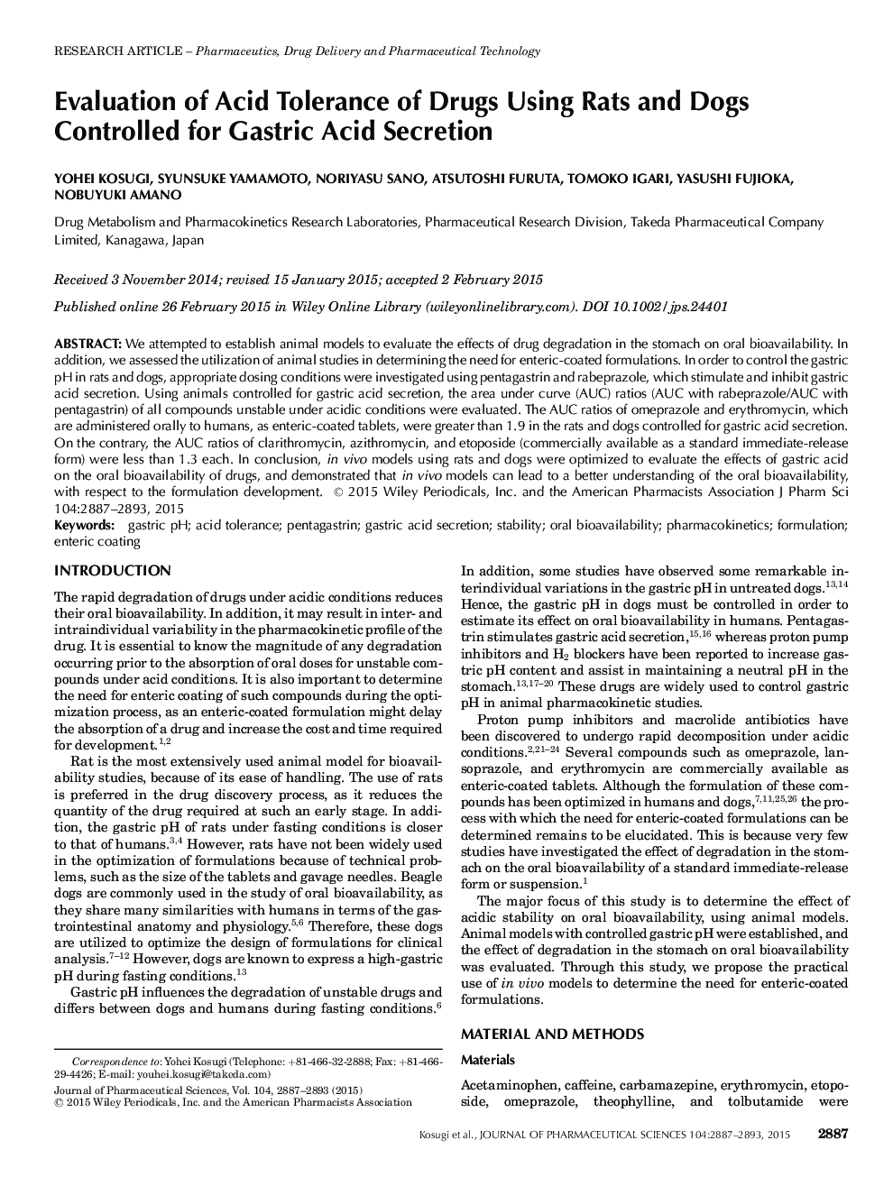 Evaluation of Acid Tolerance of Drugs Using Rats and Dogs Controlled for Gastric Acid Secretion