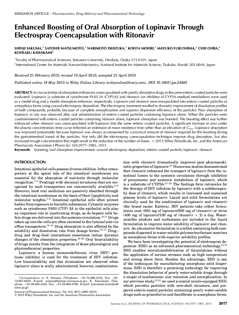 Enhanced Boosting of Oral Absorption of Lopinavir Through Electrospray Coencapsulation with Ritonavir