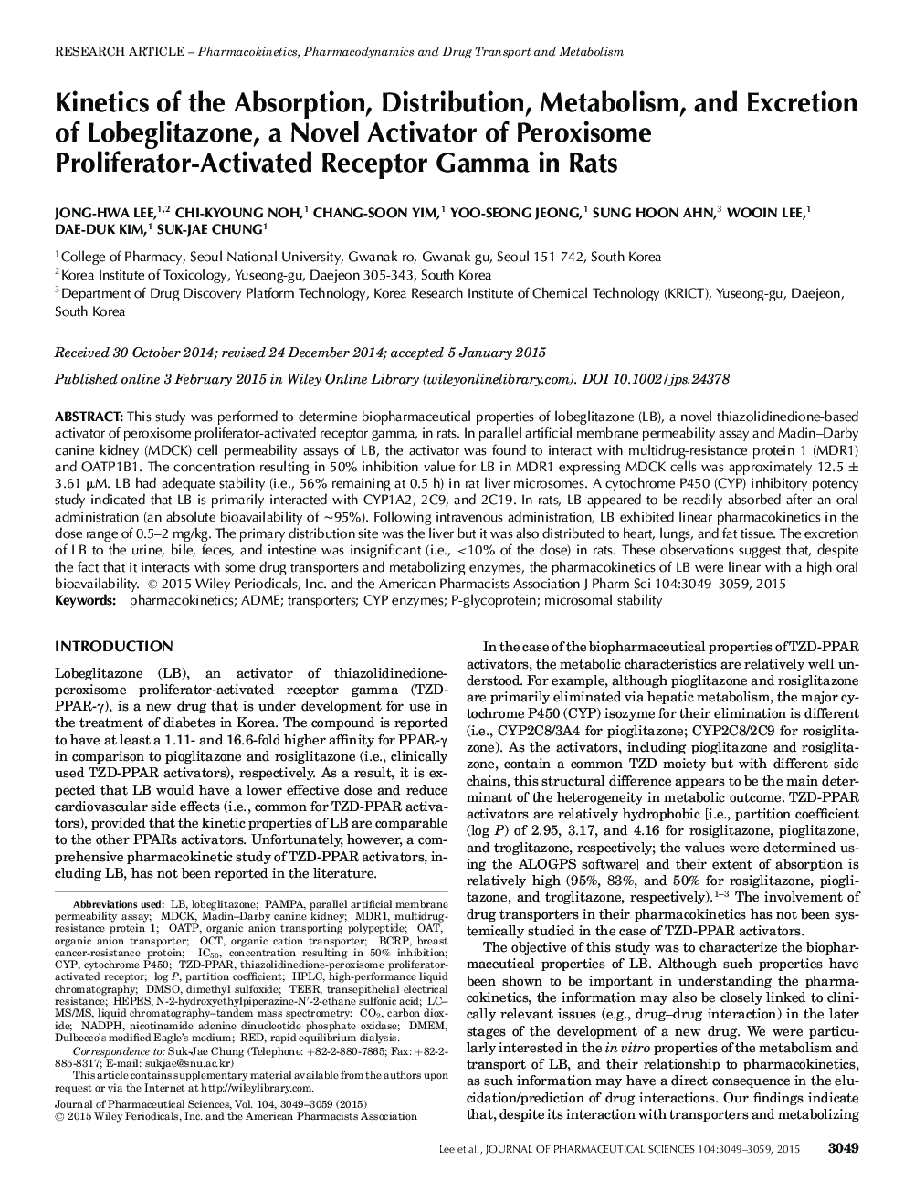 Kinetics of the Absorption, Distribution, Metabolism, and Excretion of Lobeglitazone, a Novel Activator of Peroxisome Proliferator-Activated Receptor Gamma in Rats