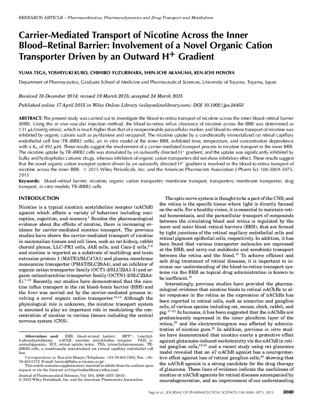 Carrier-Mediated Transport of Nicotine Across the Inner Blood–Retinal Barrier: Involvement of a Novel Organic Cation Transporter Driven by an Outward H+ Gradient 