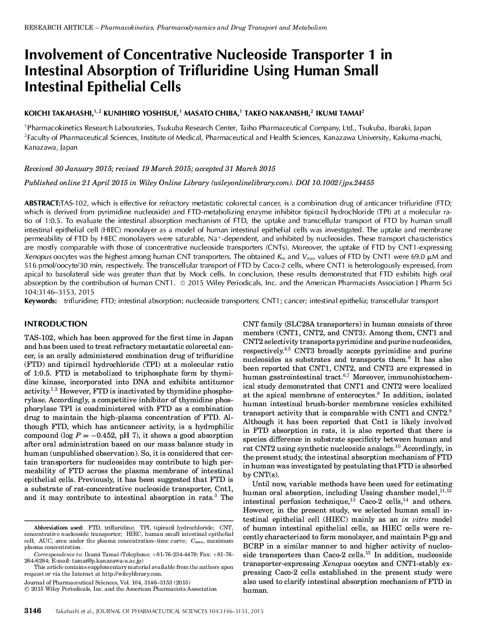 Involvement of Concentrative Nucleoside Transporter 1 in Intestinal Absorption of Trifluridine Using Human Small Intestinal Epithelial Cells
