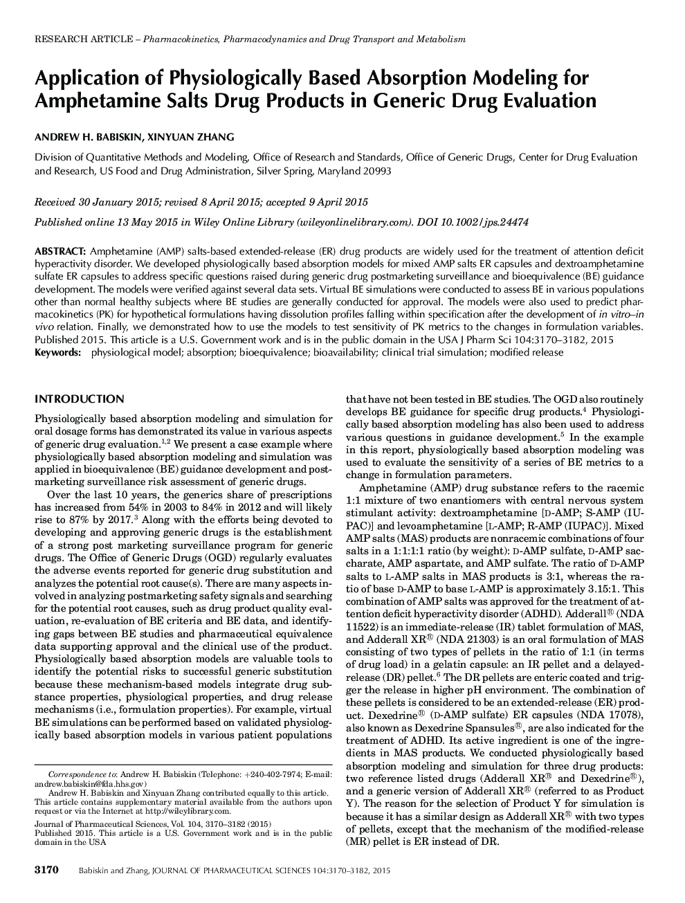 Application of Physiologically Based Absorption Modeling for Amphetamine Salts Drug Products in Generic Drug Evaluation 