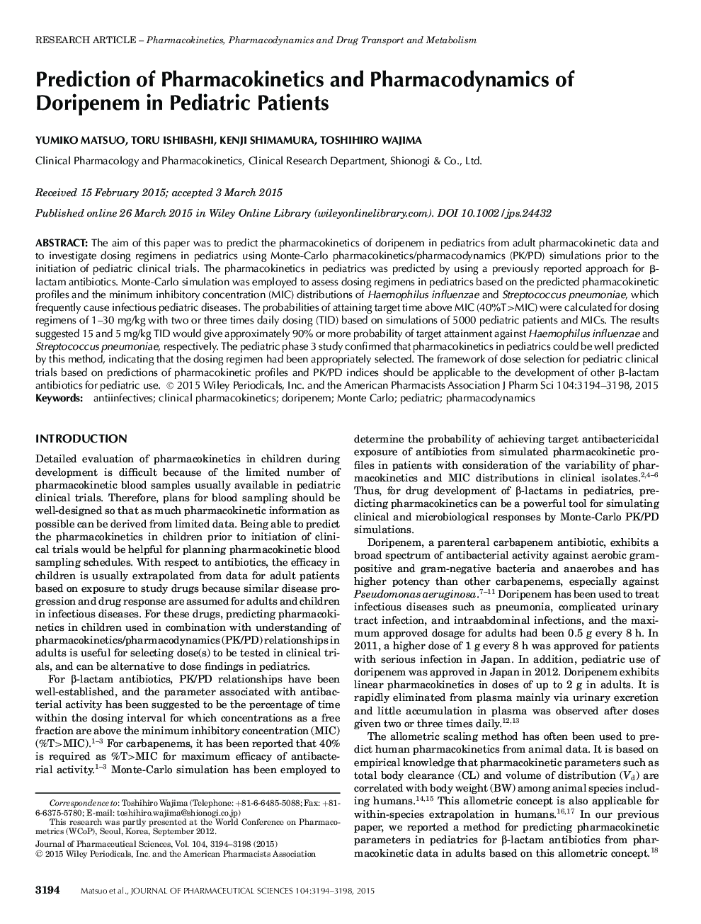 Prediction of Pharmacokinetics and Pharmacodynamics of Doripenem in Pediatric Patients 