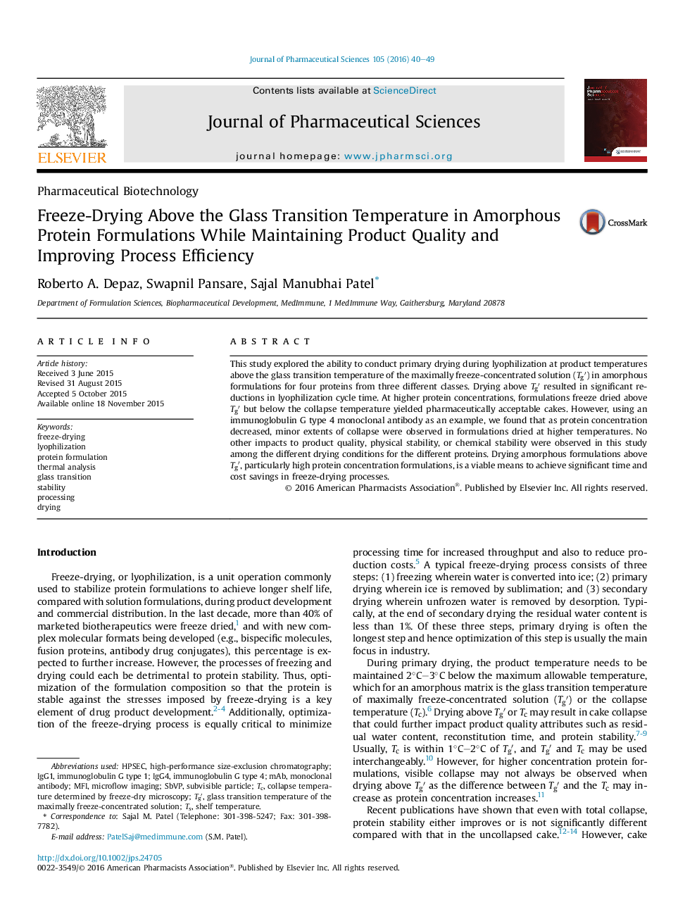 Freeze-Drying Above the Glass Transition Temperature in Amorphous Protein Formulations While Maintaining Product Quality and Improving Process Efficiency