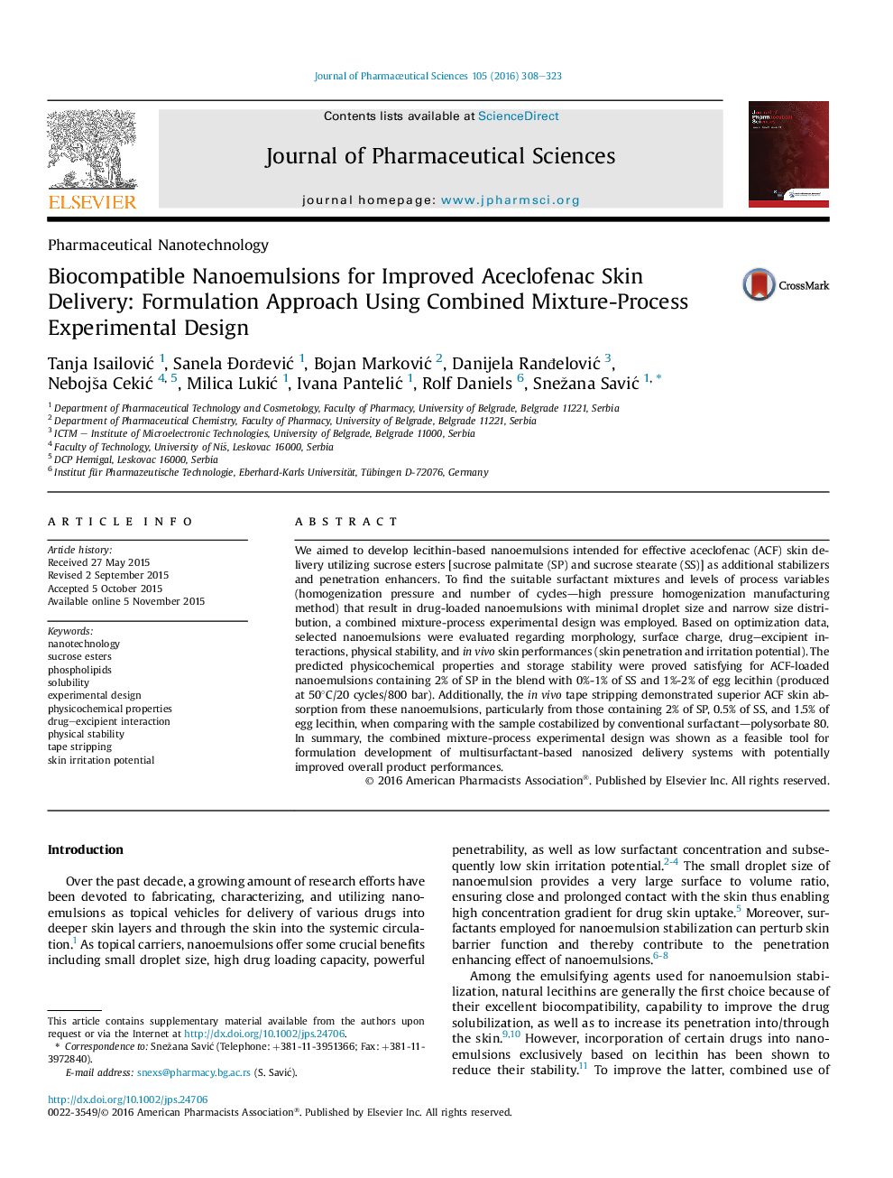 Biocompatible Nanoemulsions for Improved Aceclofenac Skin Delivery: Formulation Approach Using Combined Mixture-Process Experimental Design