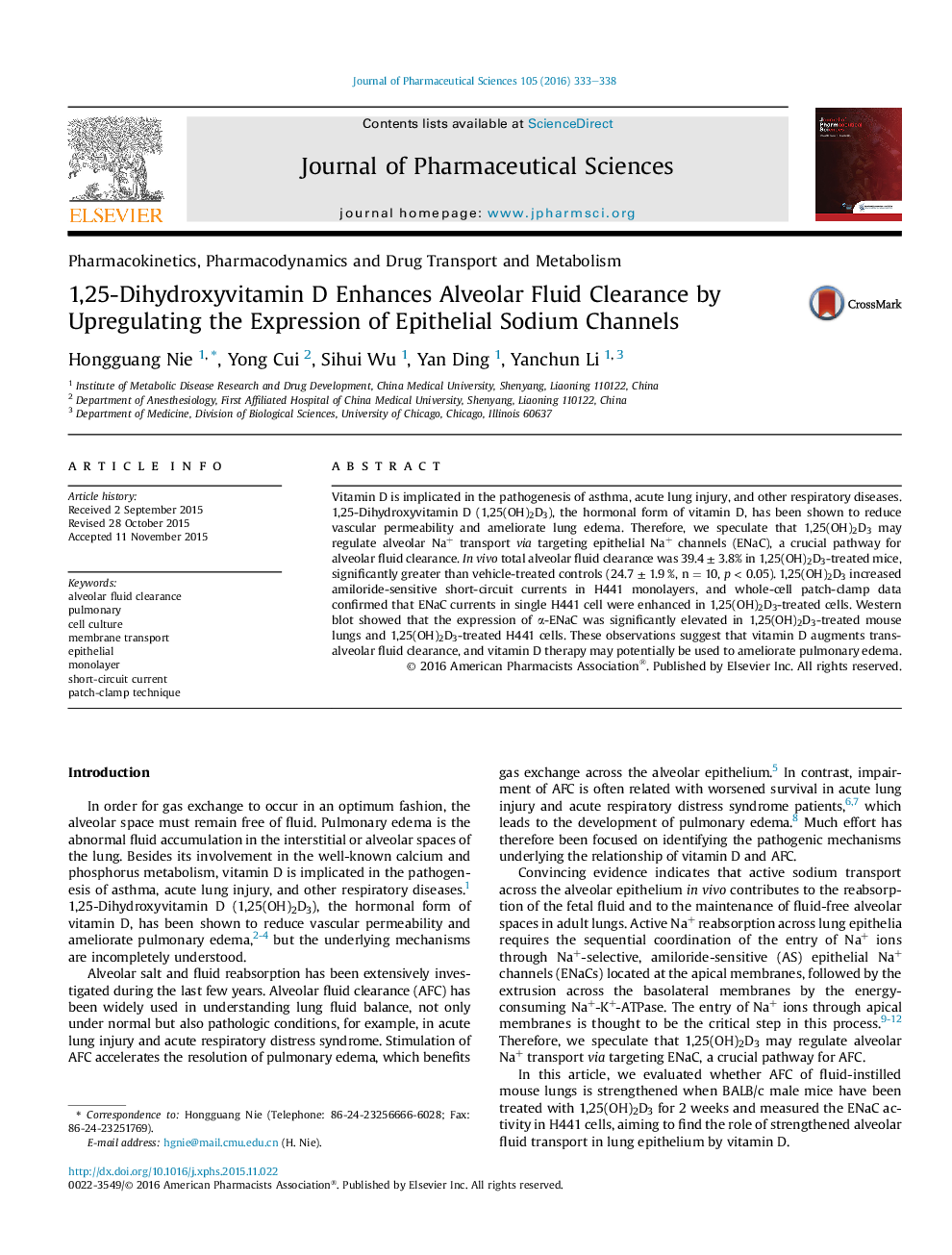 1,25-Dihydroxyvitamin D Enhances Alveolar Fluid Clearance by Upregulating the Expression of Epithelial Sodium Channels