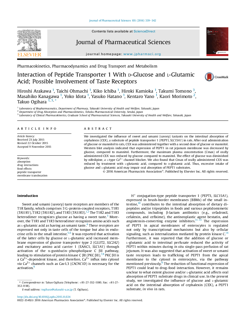 Interaction of Peptide Transporter 1 With d-Glucose and l-Glutamic Acid; Possible Involvement of Taste Receptors