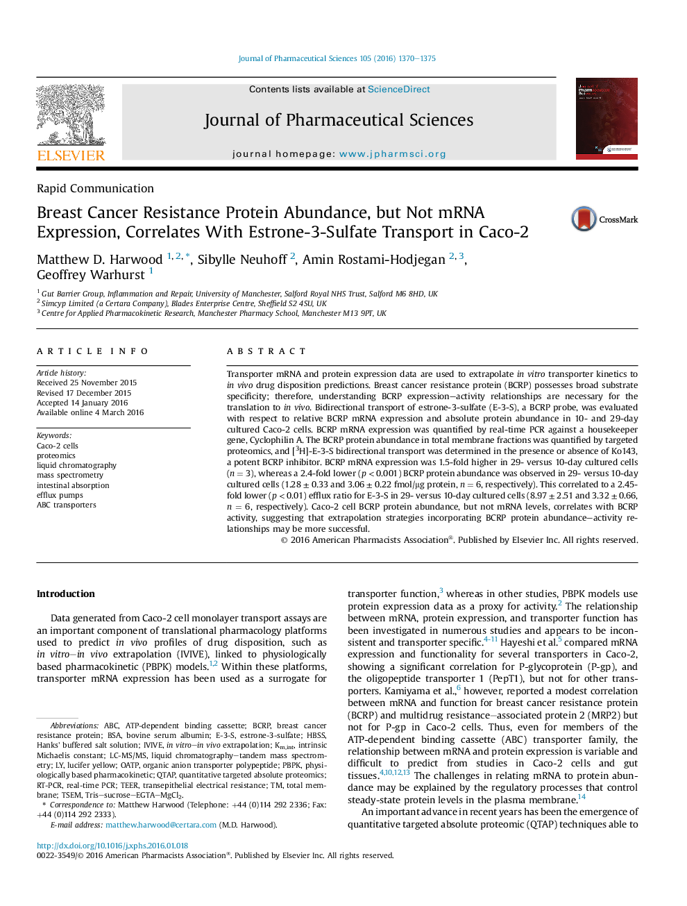 Breast Cancer Resistance Protein Abundance, but Not mRNA Expression, Correlates With Estrone-3-Sulfate Transport in Caco-2