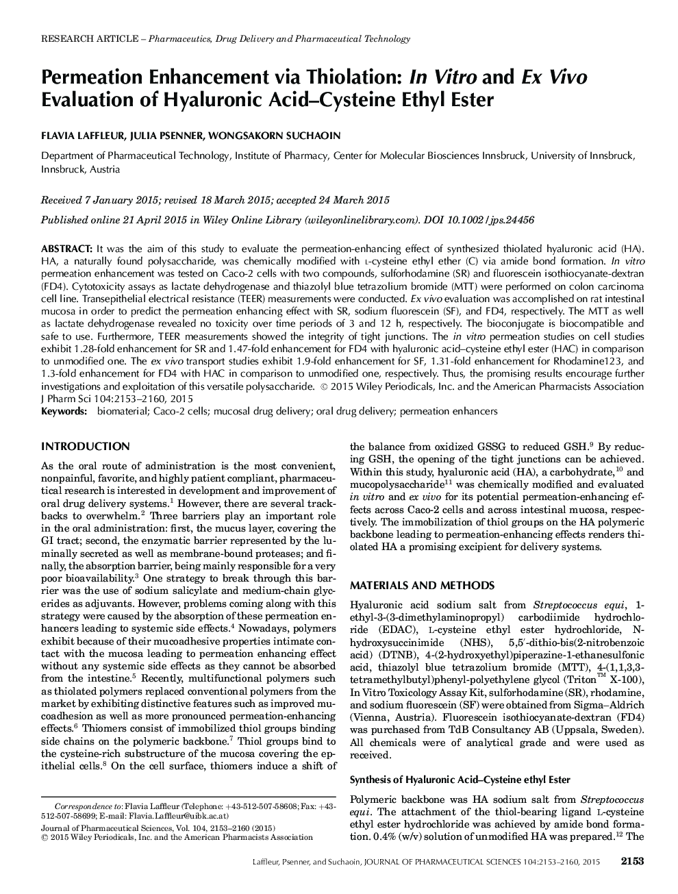 Permeation Enhancement via Thiolation: In Vitro and Ex Vivo Evaluation of Hyaluronic Acid-Cysteine Ethyl Ester