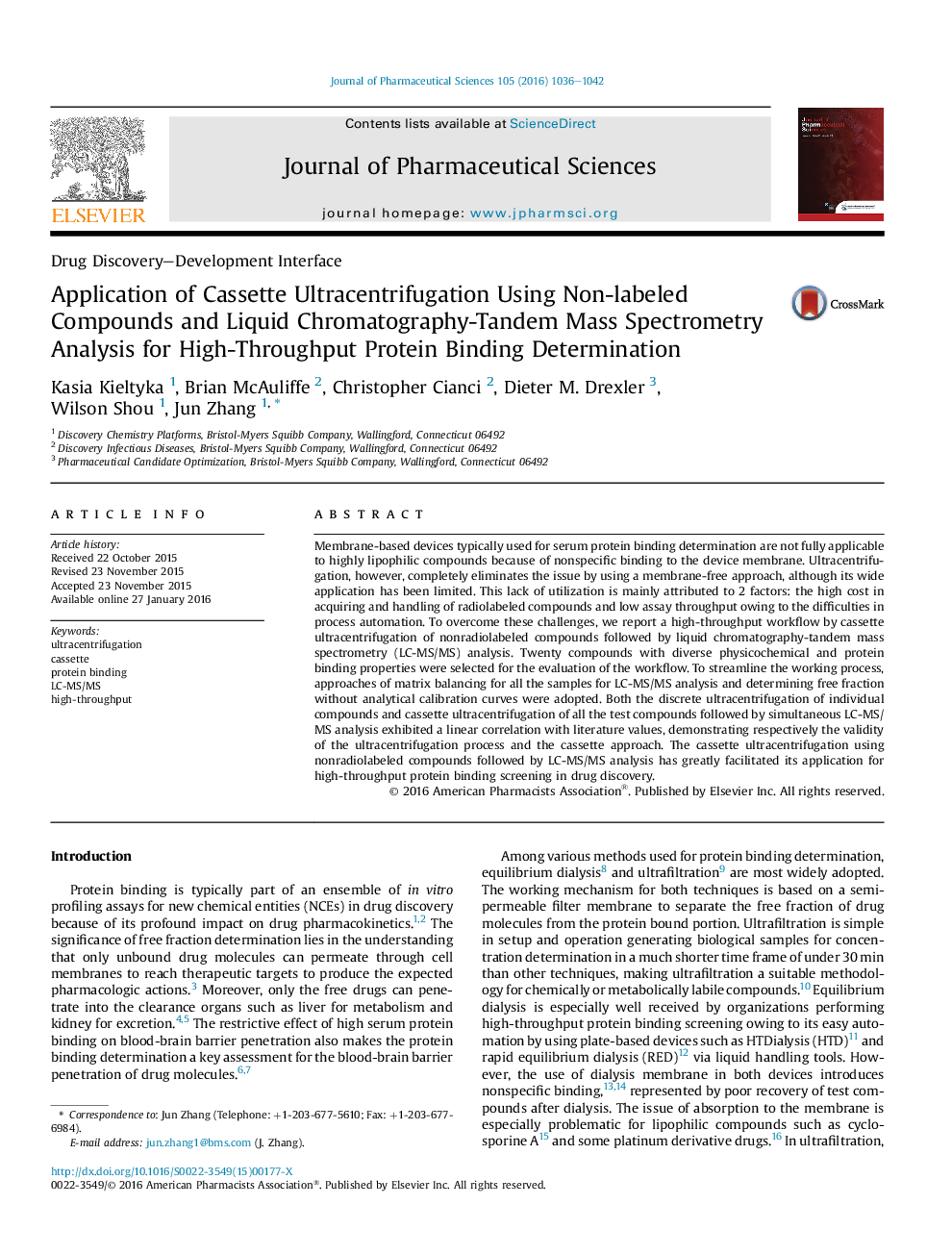 Application of Cassette Ultracentrifugation Using Non-labeled Compounds and Liquid Chromatography-Tandem Mass Spectrometry Analysis for High-Throughput Protein Binding Determination