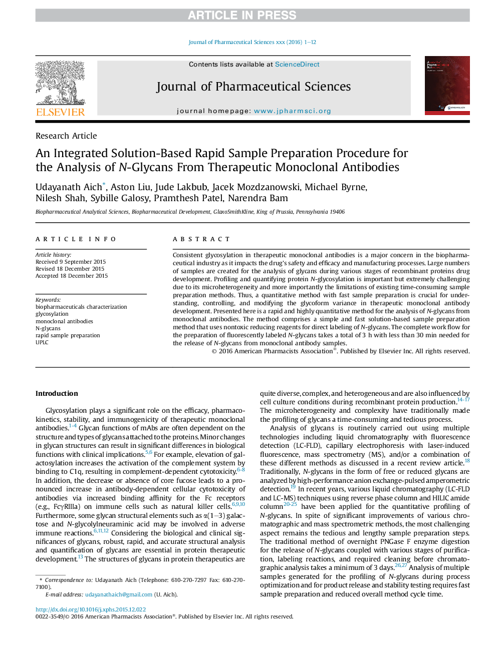 An Integrated Solution-Based Rapid Sample Preparation Procedure for the Analysis of N-Glycans From Therapeutic Monoclonal Antibodies