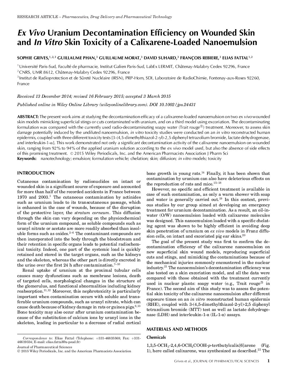 Ex Vivo Uranium Decontamination Efficiency on Wounded Skin and In Vitro Skin Toxicity of a Calixarene-Loaded Nanoemulsion