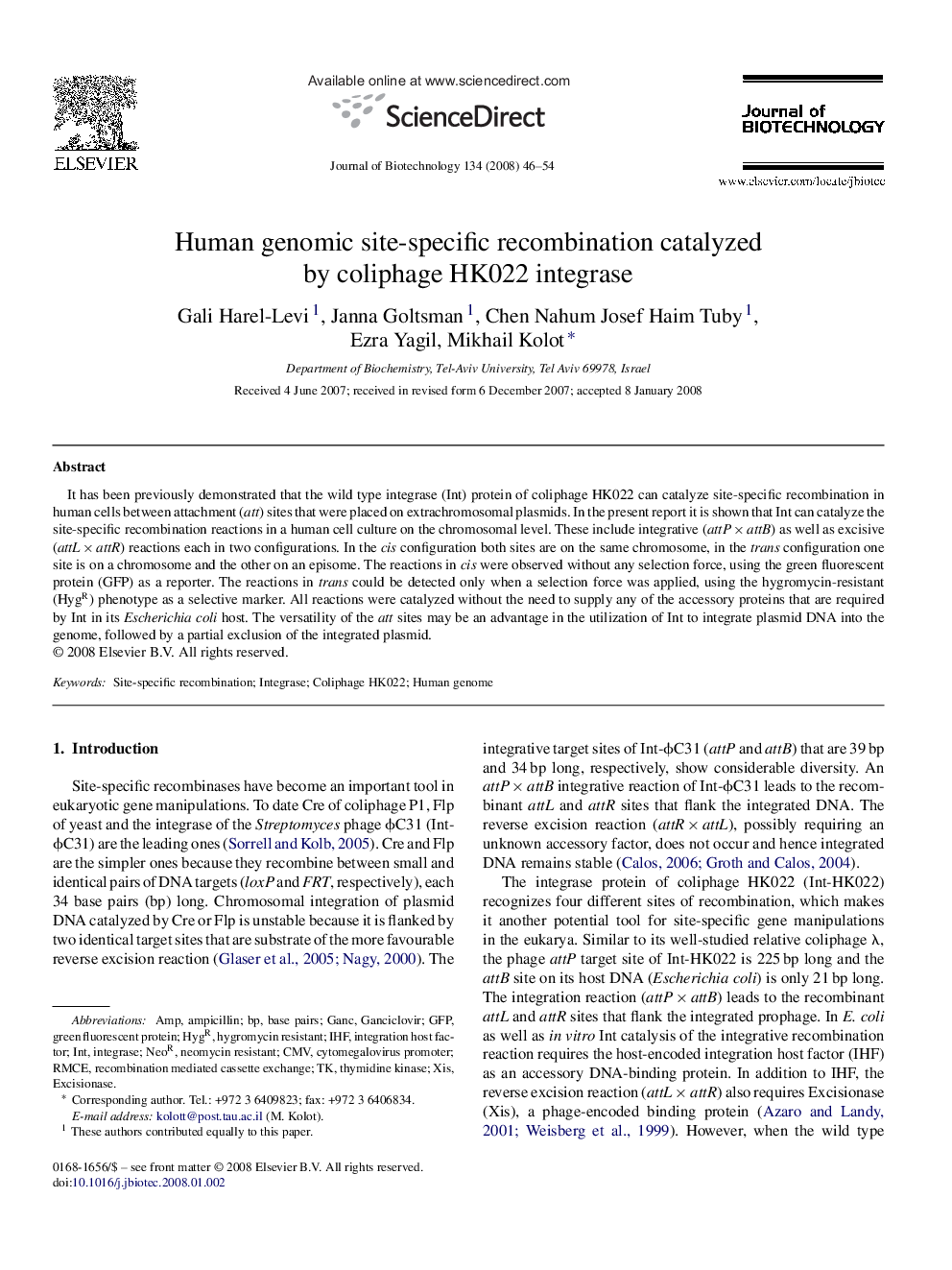 Human genomic site-specific recombination catalyzed by coliphage HK022 integrase