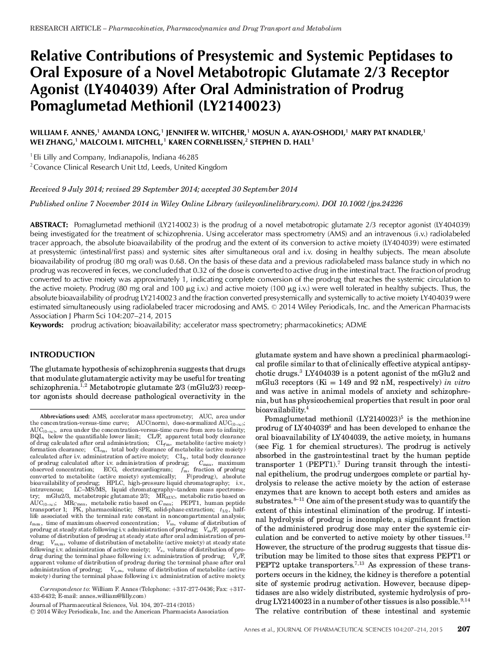 Relative Contributions of Presystemic and Systemic Peptidases to Oral Exposure of a Novel Metabotropic Glutamate 2/3 Receptor Agonist (LY404039) After Oral Administration of Prodrug Pomaglumetad Methionil (LY2140023)