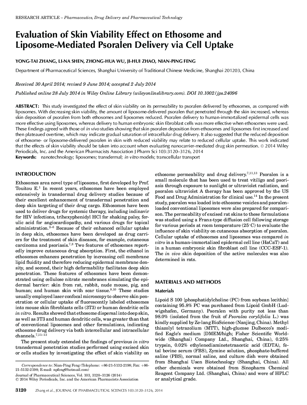 Evaluation of Skin Viability Effect on Ethosome and Liposome-Mediated Psoralen Delivery via Cell Uptake
