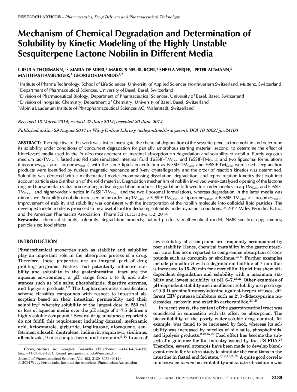 Mechanism of Chemical Degradation and Determination of Solubility by Kinetic Modeling of the Highly Unstable Sesquiterpene Lactone Nobilin in Different Media