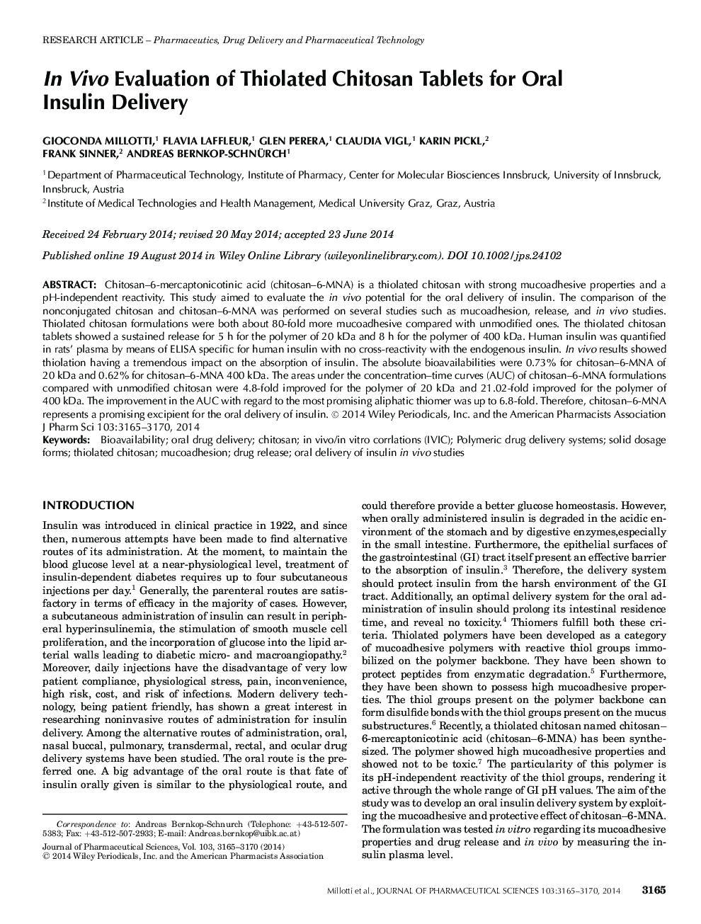 In Vivo Evaluation of Thiolated Chitosan Tablets for Oral Insulin Delivery