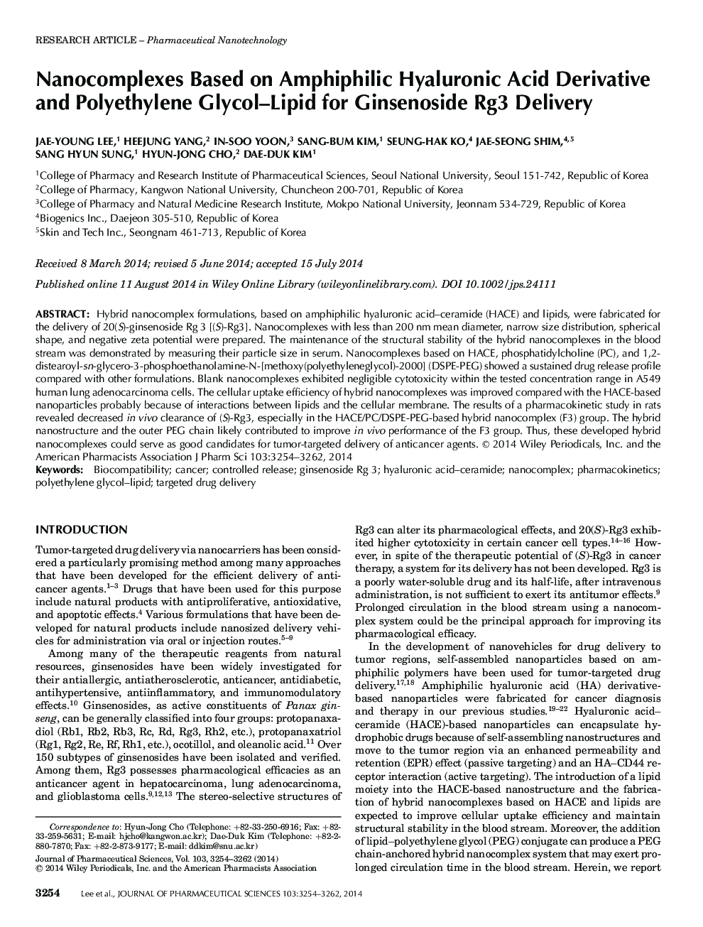 Nanocomplexes Based on Amphiphilic Hyaluronic Acid Derivative and Polyethylene Glycol-Lipid for Ginsenoside Rg3 Delivery