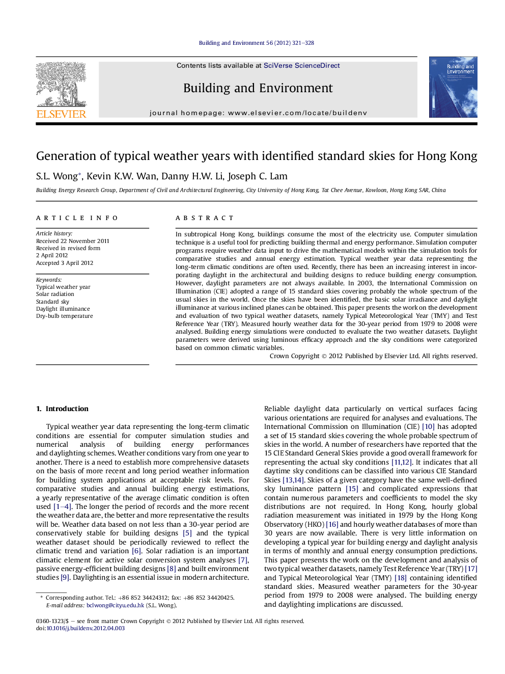 Generation of typical weather years with identified standard skies for Hong Kong