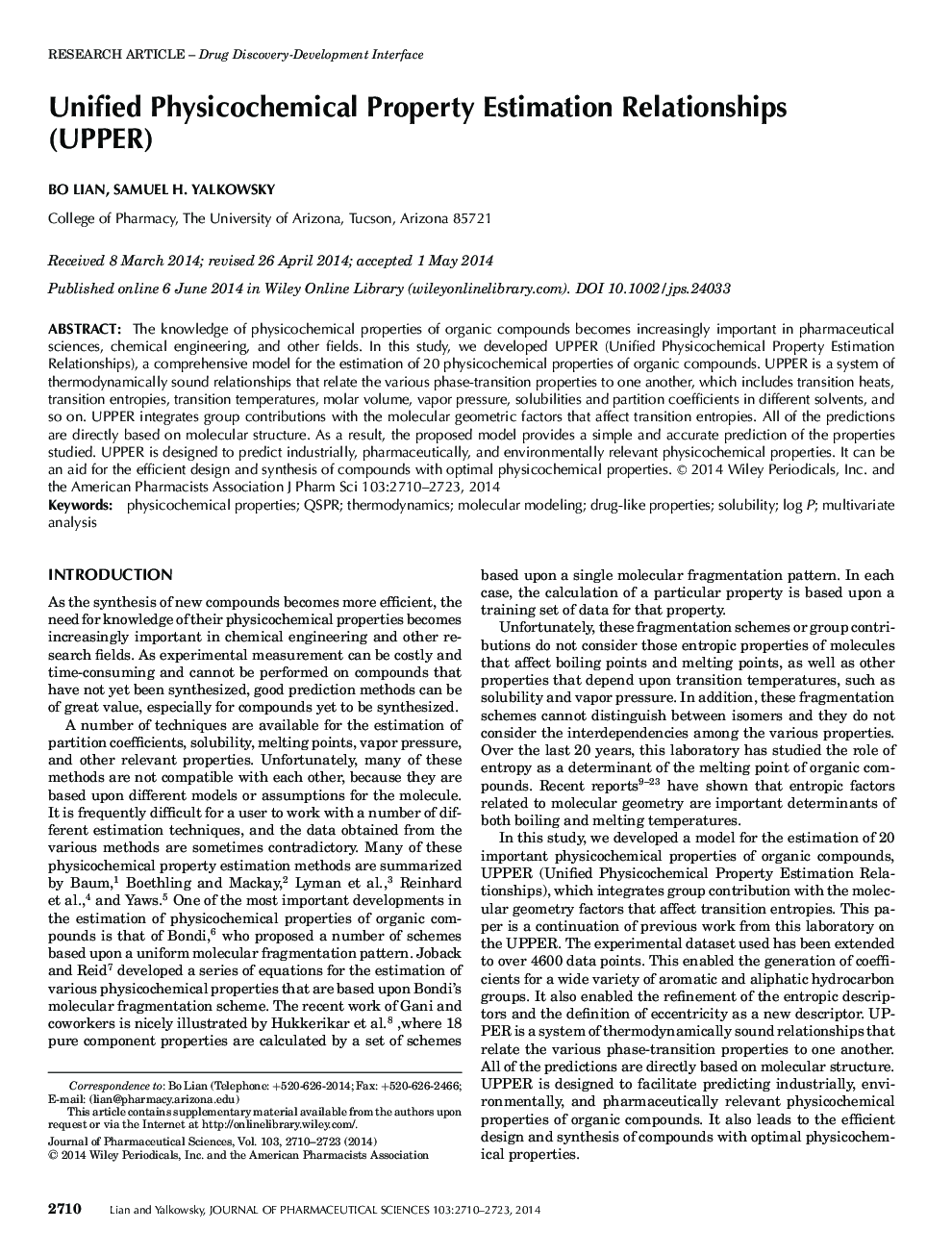 Unified Physicochemical Property Estimation Relationships (UPPER)