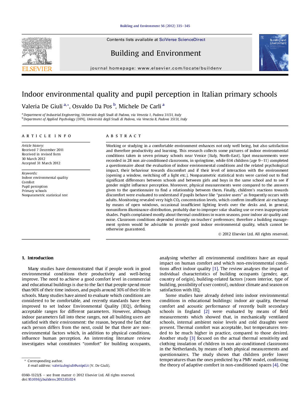 Indoor environmental quality and pupil perception in Italian primary schools