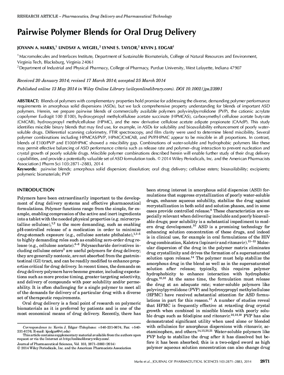 Pairwise Polymer Blends for Oral Drug Delivery 